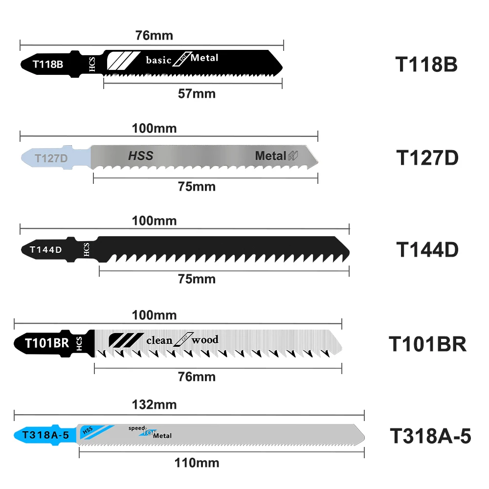 CMCP 10pcs Jigsaw Blades Set T-Shaft HCS Jig Saw Blades For Wood Plastic Metal Cutting T101BR T118B T127D T144D T318A