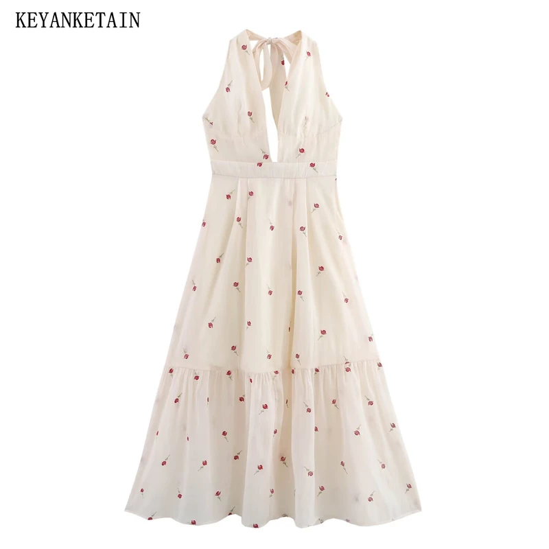 KEANKETIAN Verão Novo Feminino Rosa impressão Halter MIDI Vestidos Férias vento Sexy BowLace Up Backless Em Camadas Soltas Uma Linha Vestido