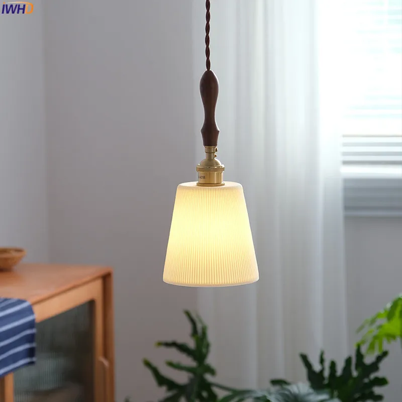 

IWHD Stripe Ceramic LED Pendant Lights Fixtures Wood Handle Copper Socket Home Decor Bedroom Living Room Beside Lamp Hanglamp