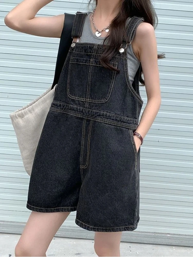 Y2K Korean Style Women's Blue Denim Overall Shorts Summer Retro High Waisted Loose Slimming Wide Leg Overalls Streetwear