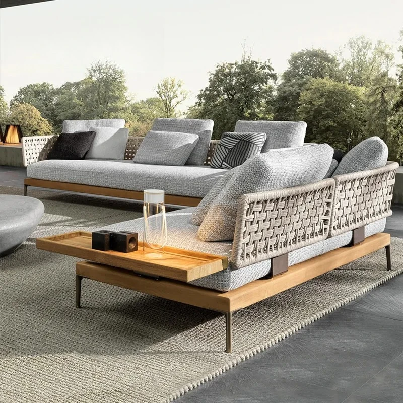 Outdoor Rattan Sofa Set for Terrace Courtyard Garden Villa with Waterproof Sun Protection Coffee Table and Teak Furniture