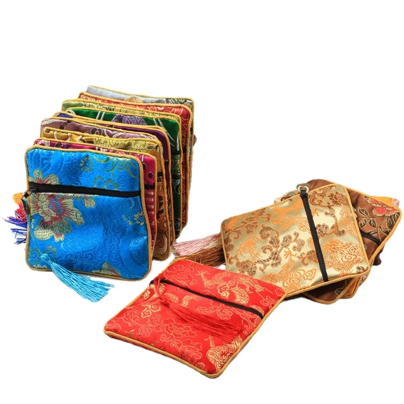 1pc Chinese Brocade Zipper Jewelry Bag Gift Pouch Square with Flower Pattern for Gift Packaging Shopping Storage Pouche