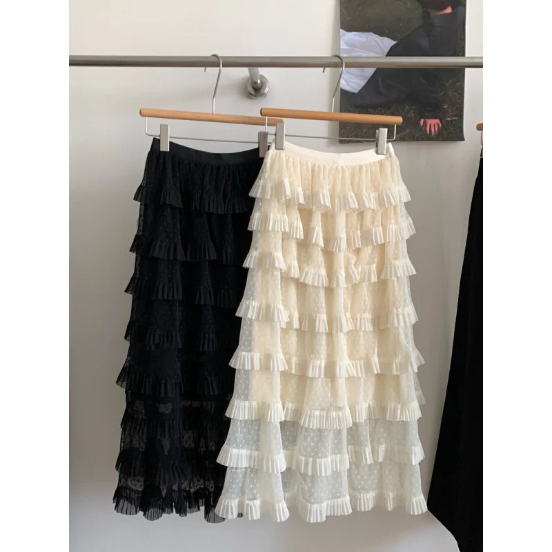Korean Style Polka Multi-layer Mesh Cake Skirt Half Skirt Women Spring New High Waist Fairy Puffy Tulle Skirt Long Skirt