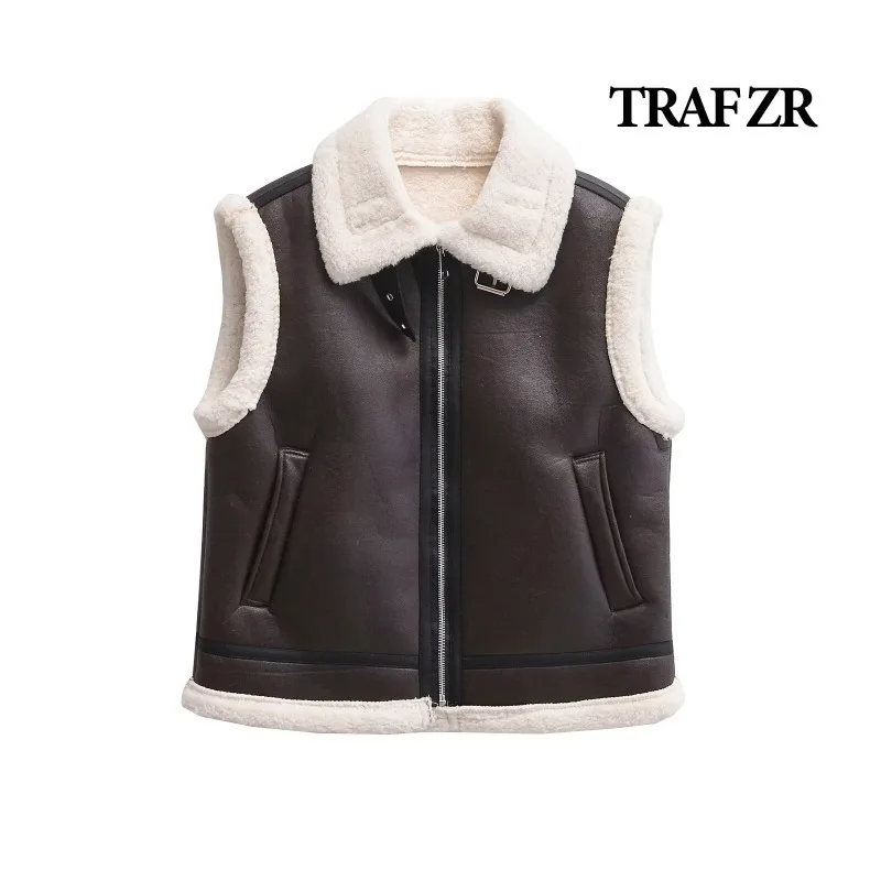 Traf zr senhoras topos sem mangas americano retro pele senhora coletes outono novos produtos moda feminina coletes inverno acolchoado colete