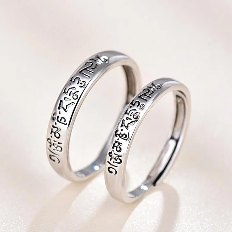 Retro Six-Word Mantra Couple Rings Trendy Thai Silver Adjustable Ring for Men and Women KOFSAC