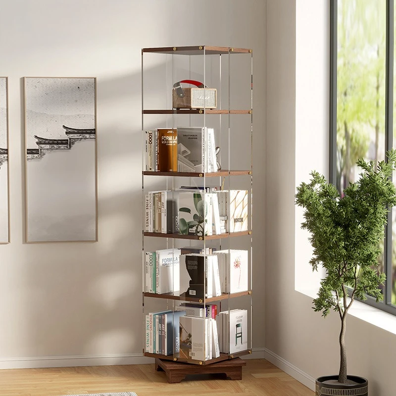 Solid wood rotating bookshelf transparent acrylic floor shelf living room study corner storage bookcase