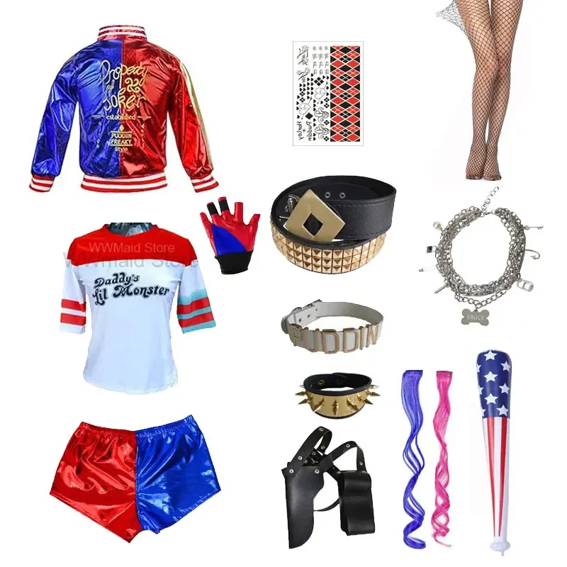 الفتيات النساء كوين زي الانتحار هارلي مخيط سترة قميص السراويل قلادة ملحق الوحش تأثيري زي الهالوين