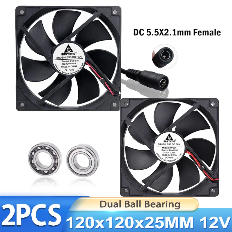 

2PCS Gdstime DC 12V 120X120X25mm Dual Ball Bearing Brushless Cooling Fan for Computer PC CPU Cooler