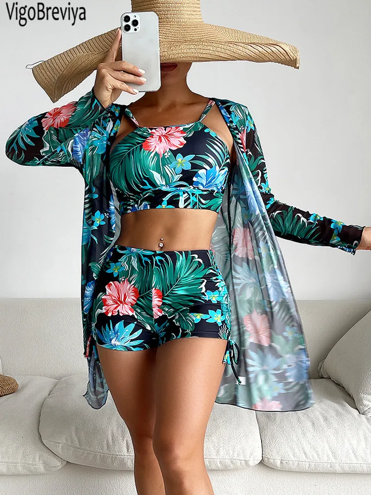 VigoBreviya 2025 Print 3 Piece Mesh Long Sleeve Smock Bikini Set Push Up Strapped Swimwear Backless Women High Waist Swimsuit