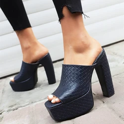 Sexy High Heels Women Slippers Platform 2023 Summer Slides Mules Shoes Leather Black White Red Sandals Large Size Brand
