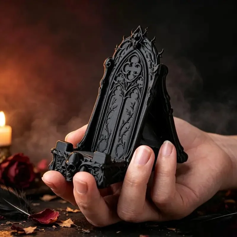 3D Printed Gothic Tracery Window Phone Stand, Dark Skull Ornament for Halloween, Desktop Holder for Phone & Tablet