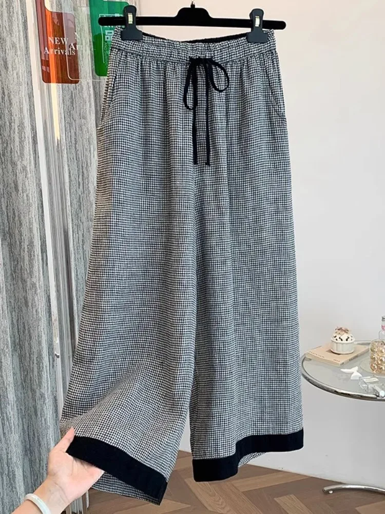 3218 Pantaloni di lino scozzesi vintage moda estiva Pantaloni dritti casual larghi in vita stile coreano moda estiva da donna