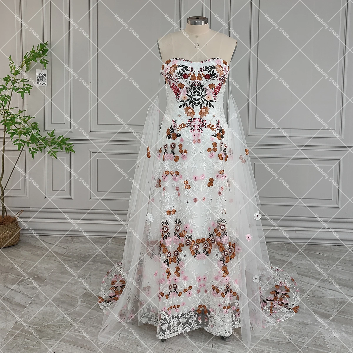 Personalizado desossado sem alças colorido bordado vestido de casamento fotos reais flor florais vestido de noiva com mangas longas batwing