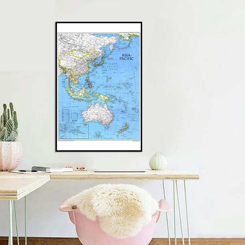A2 Size World Map Canvas Painting Printed Wall Art Map of Asia Pacific 1989 Edition Home Living Room Wall Paper Home Decor