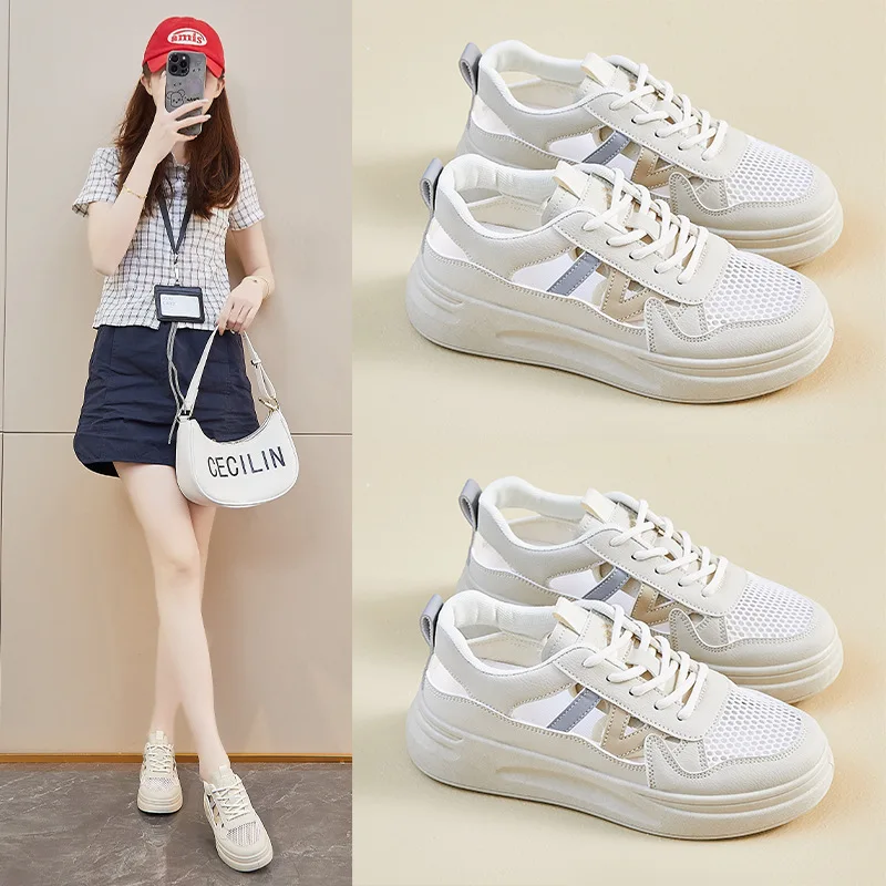 

Женские кроссовки на платформе, сандалии, летняя дышащая повседневная обувь, увеличивающая рост, удобная модная сетчатая обувь с перекрестной завязкой