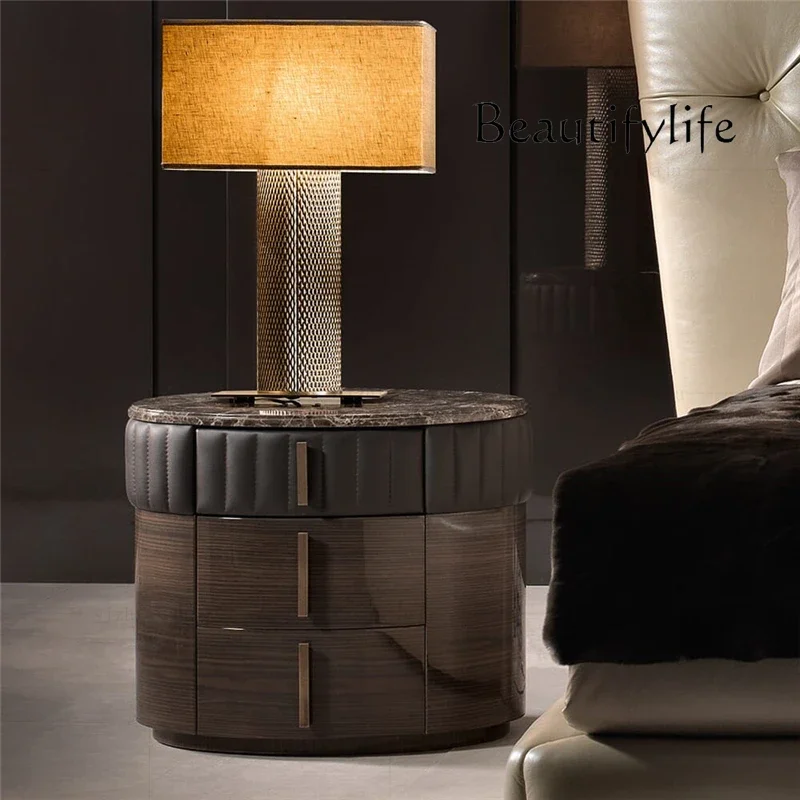BJ Bedside Table Modern Light Luxury Round Walnut Wood Bedroom Marble Surface Soft Bag Bedside Table