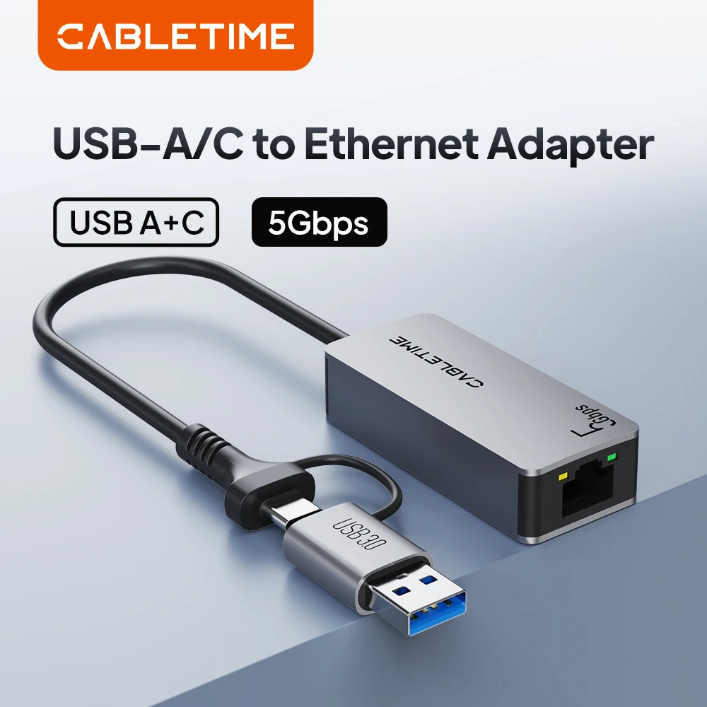 Adaptateur Ethernet USB C CABLETIME 5 Gbps, port LAN RJ45, coque en aluminium, carte réseau pour ordinateur portable MacBook, adaptateur Ethernet USB A
