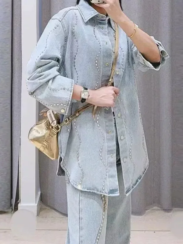 Faionable losse denim Jaet orts wijde pijpen broek set zware strass versierd lente zomer nieuwe collectie dameskleding