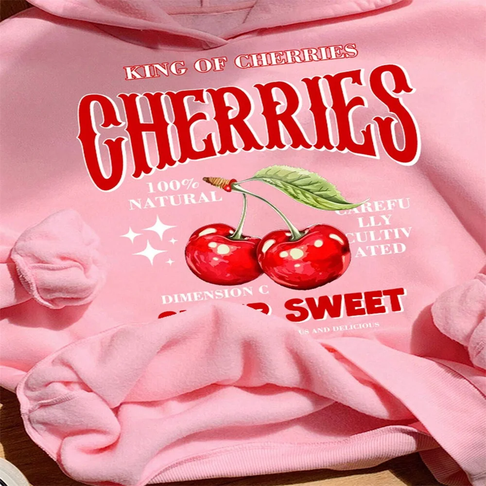 Sweet Hooded Sweatshirt For Women's Casual And Simple Cherry Pattern Loose And Thick Hooded Sweatshirt Suitable For Autumn Wear