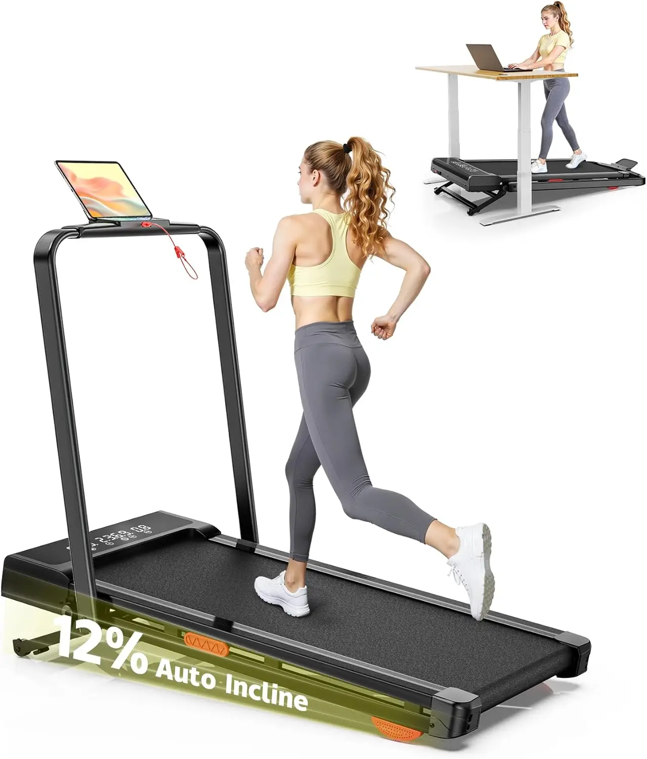 12-Level Auto Incline Under Desk Treadmill, 2-in-1 Foldable Walking Pad with Handle Bar, 3.0HP Quiet Motor, 350 lbs Capacity, for Home Office Gym