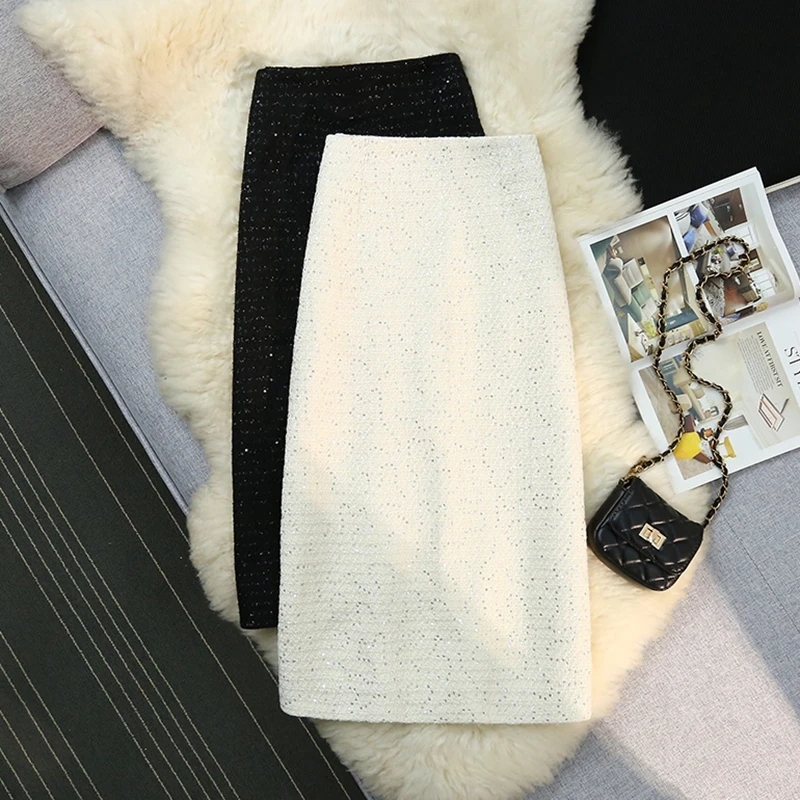 

Autumn Winter Sequin Woolen Skirt Women Korean Fashion OL High Waist Work Midi Long Skirt Black White