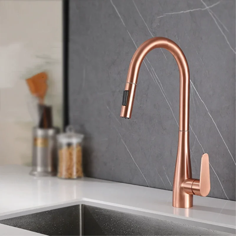 

Kitchen Sink Faucet Brush Rose Gold Pull Out Sink Mixer Tap Rotation 304 SUS mixer taps Single Lever Hot cold Kitchen Tap
