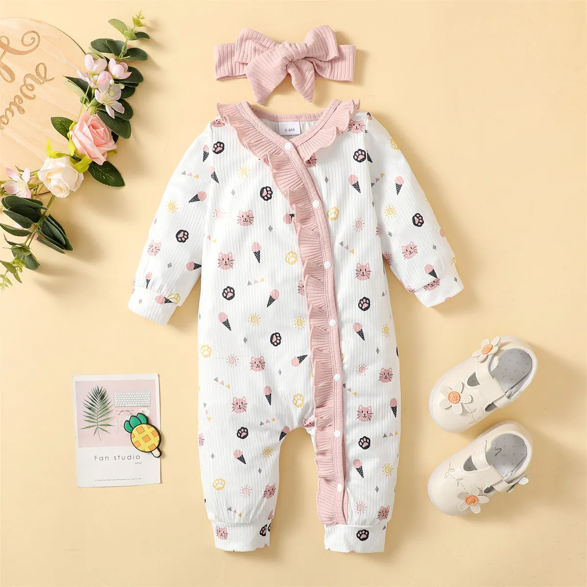 2PCS Newborn Baby Girl Romper Outfits Cute Pattern Long Sleeve Bodysuit+Headband Autumn Jumpsuit for Infant Girl 0-12 Months