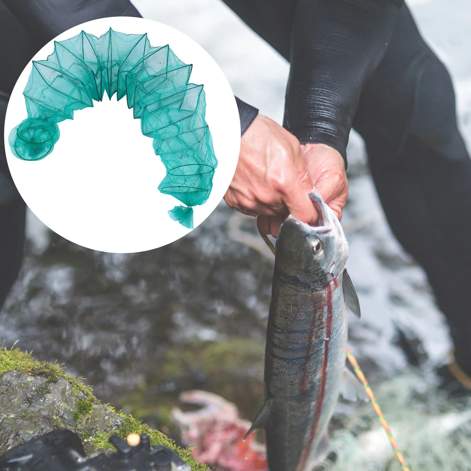 

1Pcs Portable Fishing Net Heavy Duty Nylon Fish Cage Trap with Bait Bag Multi Catch Foldable Fishing Basket Ideal for Deep Water