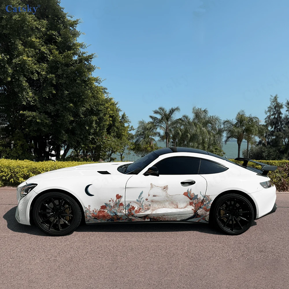 

White Fox Flower Crescent Moon Car Vinyl Wraps Decal Selfadhesive PVC Sticker Suitable for Truck SUV Decor Auto Accessories Gift