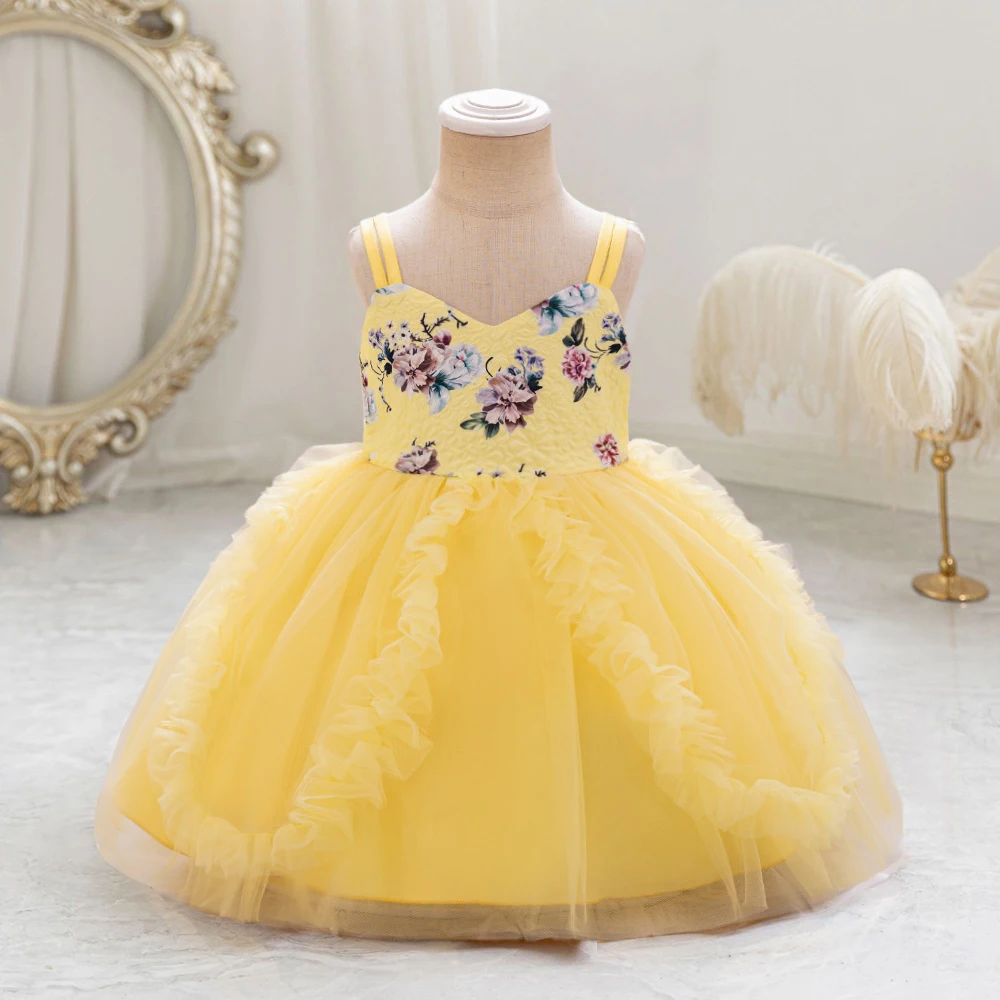 Toddler Yellow First 1st Birthday Dress For Baby Girl Clothes Princess Tutu Dress Baptism Girls Dresses Ceremony Party Gown 0-4Y