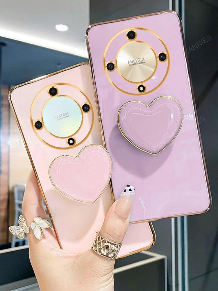 Magic6 Magic5 Lite Phone Holder Luxury Plating Case For Huawei Honor Magic 6 5 Lite 5g X9a X9b Love Heart Stand Silicone Cover