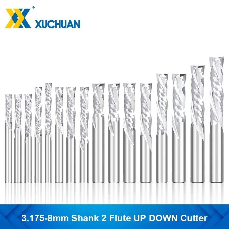 

Compression Milling Cutter Woodwork DOWN Cut Two Flutes Spiral Milling Tool 3.175-12mm Shank CNC Router End Mill Cutter Bit