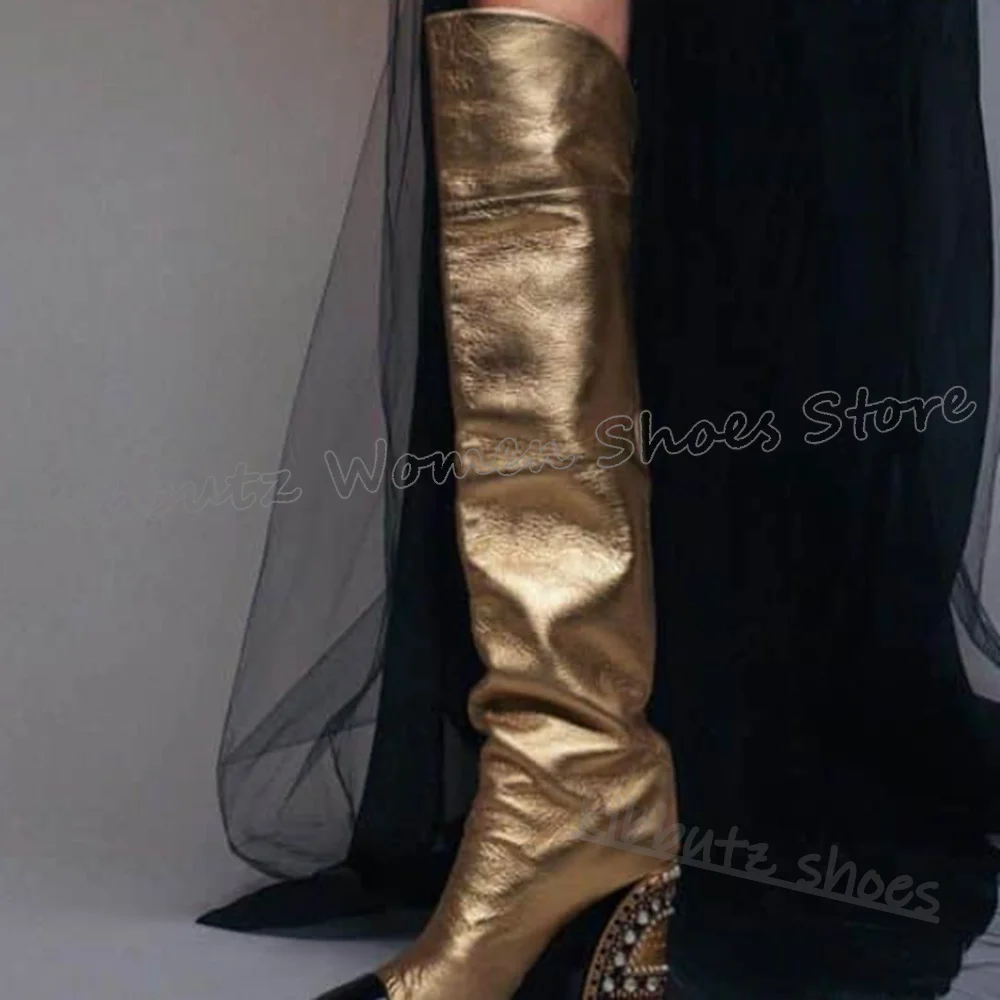 Knee High Boots Crystal Glossy Heels Round Toe Slip-On Solid Color Spicy Girls Shoes Fashion Elegant Luxury Comfortable Sexy New