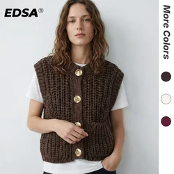 EDSA Women Chunky Knit Cardigan Waistcoat Autumn Cropped Sweater Vest Single Breasted with Golden Buttons Tank Outerwear