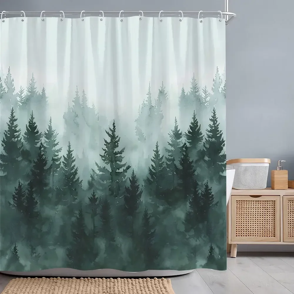 

Занавеска для душа Misty Forest, мечтательный тропический лес, акварельный принт, полиэфирная ткань, занавески для душа, украшение для ванной комнаты с крючками