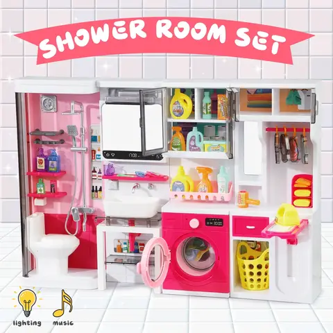 Pink Bathroom Role Play Set with Shower Vanity Laundry Cabinet Ironing Board - Ideal Christmas Thanksgiving New Year Gift