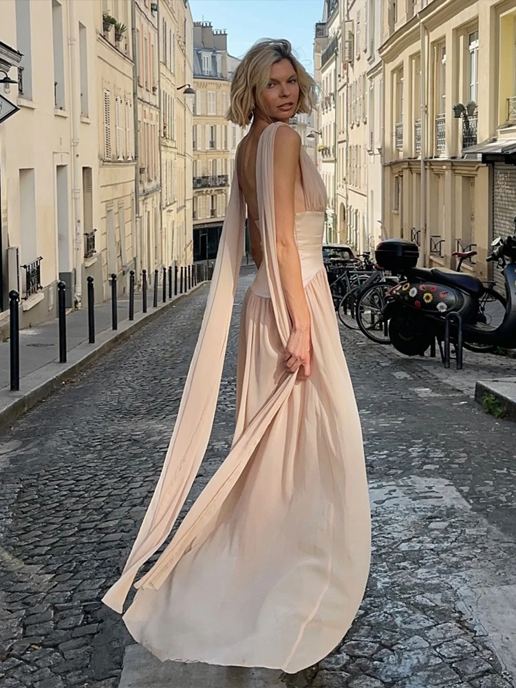 Kliou Zijdeachtige Elegante Jurk Vrouw Diepe V-hals Mouwloos Backless Lang Lint Decoratie Middernacht Prom Party Hipster Vestidos