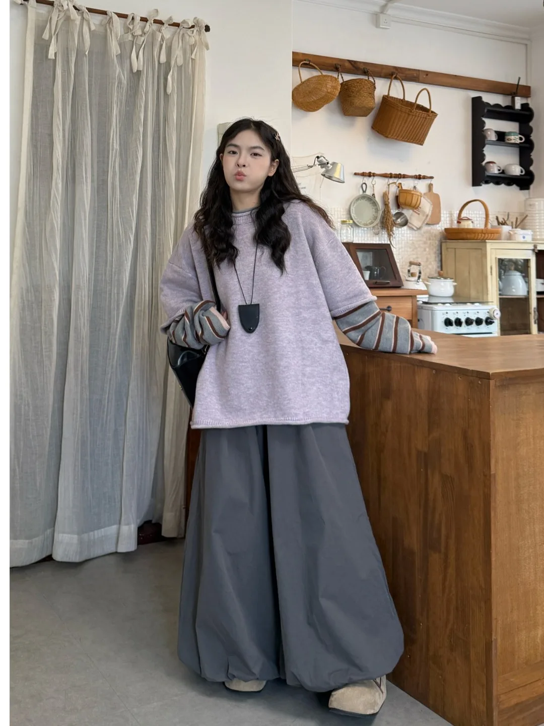 

plus Size Women's Vintage Loose Patchwork Sweater And High Waist Wide Leg Pants Set Autumn Winter New Sle Korean Faion