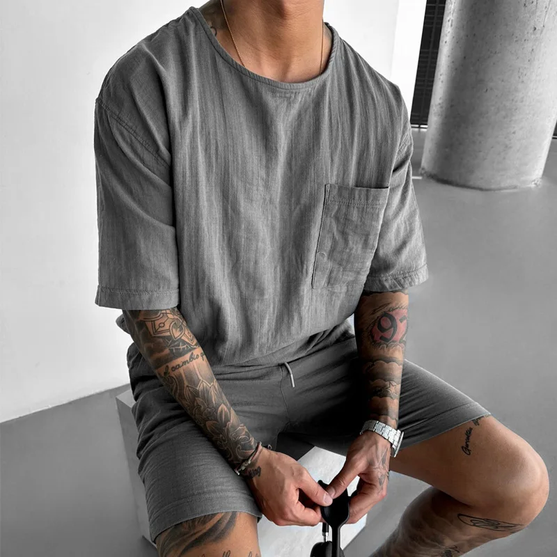 Mens Sets 2024 Summer Casual Crew Neck Pocket Design Loose Short Sleeve Shirt Cropped Shorts Two-Piece Set for Men