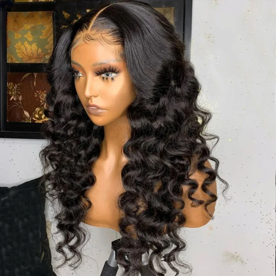 Soft Black 26“Long Deep Wave Preplucked Soft Curly 180Density Lace Front Wig Synthetic For Women Heat Resistant Glueless Daily