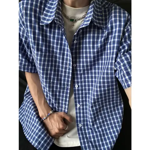 Retro herrskjorta med lös passform, Hong Kong-stil, studentkläder, avslappnad stil, rolig design, tyg av högsta kvalitet, rutigt mönster 8 best sales herrskjorta med genomskinlig passform - №1