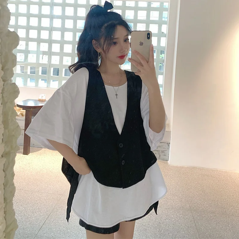 Women Vests V-neck Single Breasted Design Lace-up All-match Harajuku Streetwear Loose Black Waistcoats Ulzzang Students BF Retro