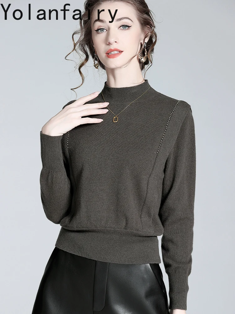 YOLANFAIRY الراقية 89% الصوف 11% سترة الكشمير المعنقة امرأة خفيفة فاخرة عالية الرقبة قاعدة طبقة طويلة الأكمام بلايز رداء علوي من الصوف البلوزات