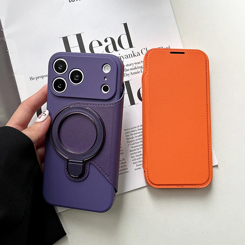 Flip-Back-Cover mit Metallhalterung, vollständig umschlossen für MagSafe Handyhülle iPhone 17 Pro Max 14 15 16 Pro Max mit integriertem verstecktem Clip