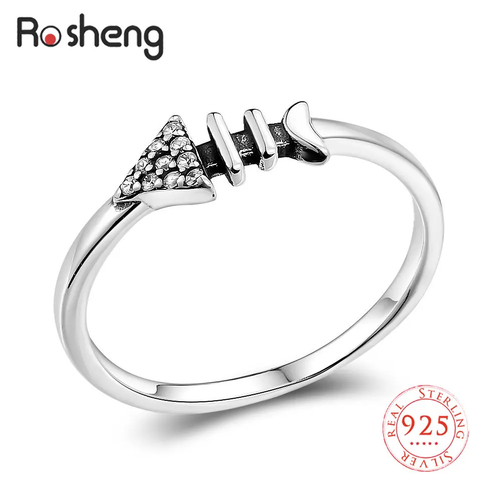 925 Sterling Silver Rings Women's Vintage Ring with Zircon Stone Fish Bones Minimalist Designer Ring Gifts for Women Girl Friend