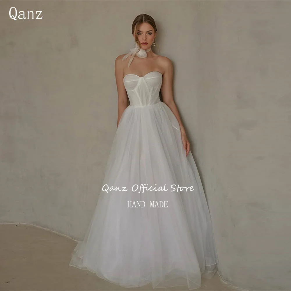 

Qanz Boho Wedding Dress Sweetheart Tulle Vestido Para Boda Civil Elegante Long A Line Lace Up Back Bridal Gowns Customized