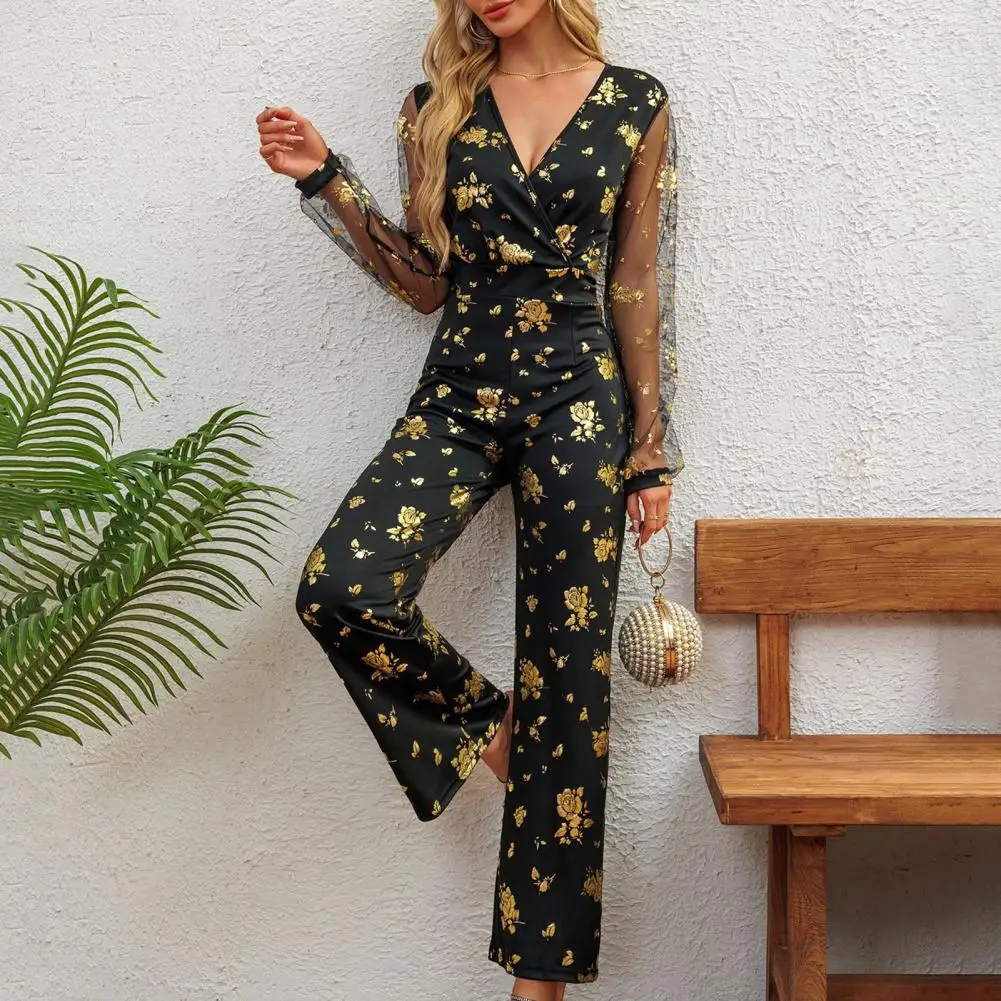 Lady Long Jumpsuit Elegant Rose Sequin Party Jumpsuit with Geometric Mesh Sleeves for Women Slim Fit High Waist Formal Occasion