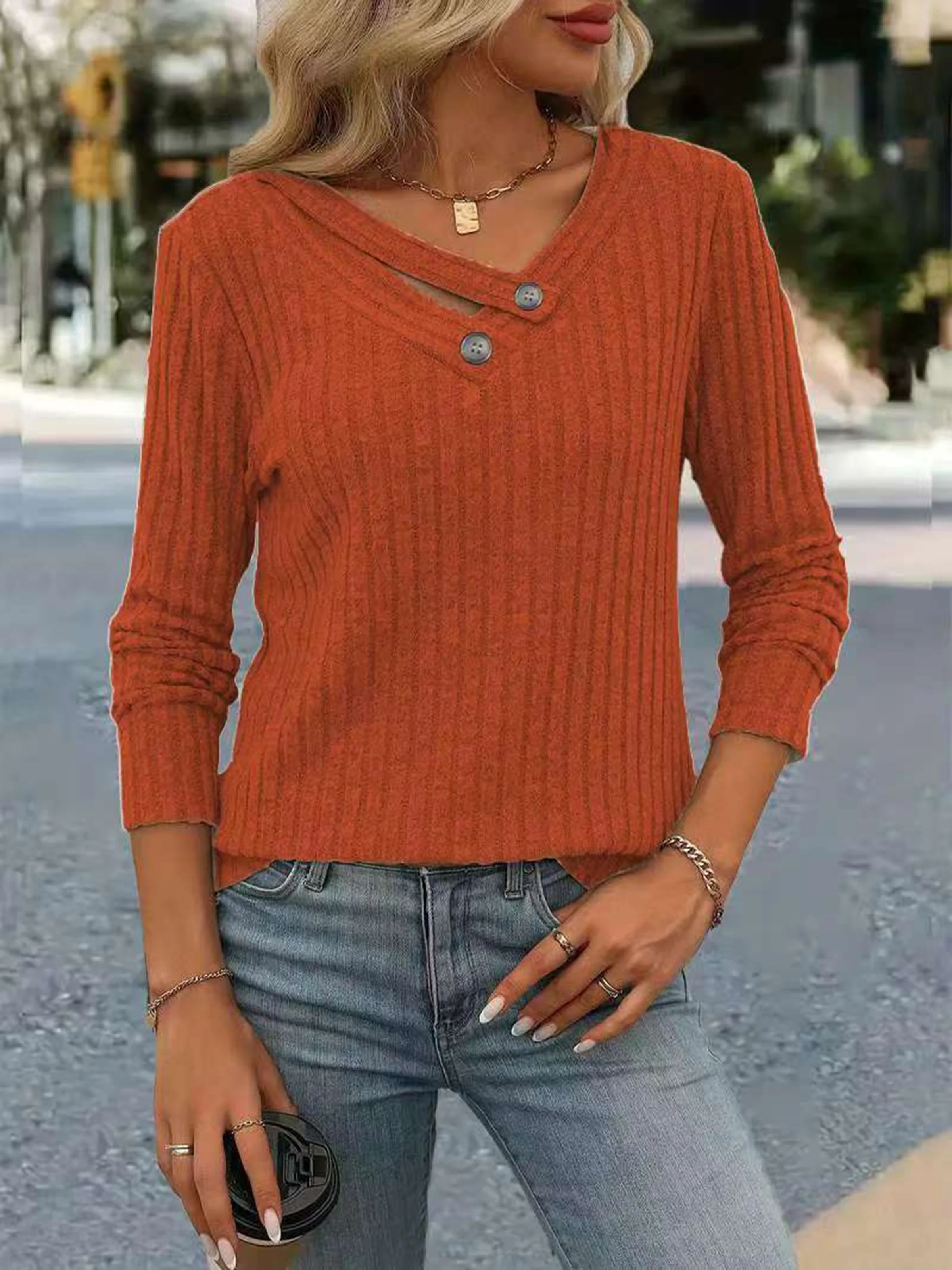 

European and American autumn and winter fashion solid color pit strip fabric V-neck button plus-size women's thin sweater