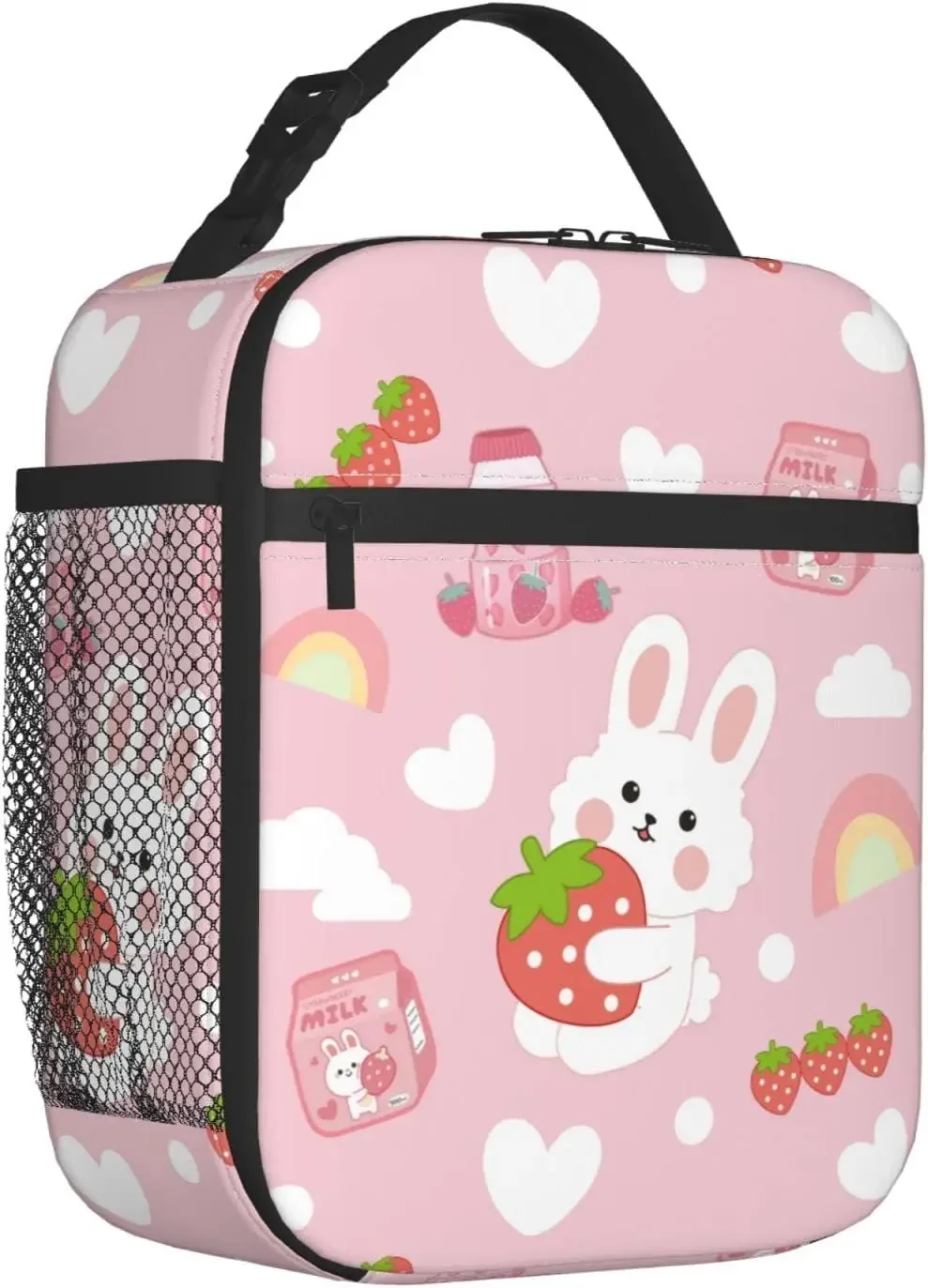 Strawberry Rabbit Pink Lunch Box Insulated Lunch Bag for Girls Women Reusable Portable Leakproof Cooler Tote for School Picnic