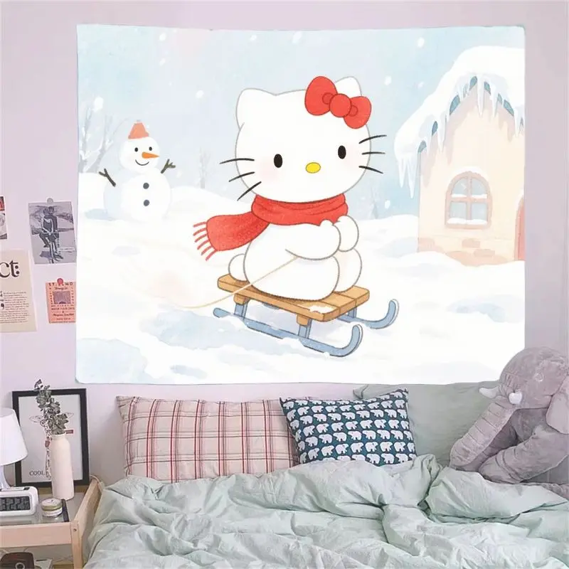 1 Buah Permadani Kereta Luncur Musim Dingin Hello Kitty Lucu Seni Dinding Poliester Nyaman Sempurna untuk Kamar Anak-anak Dekorasi Ruang Tamu Hadiah untuk Pecinta Kucing